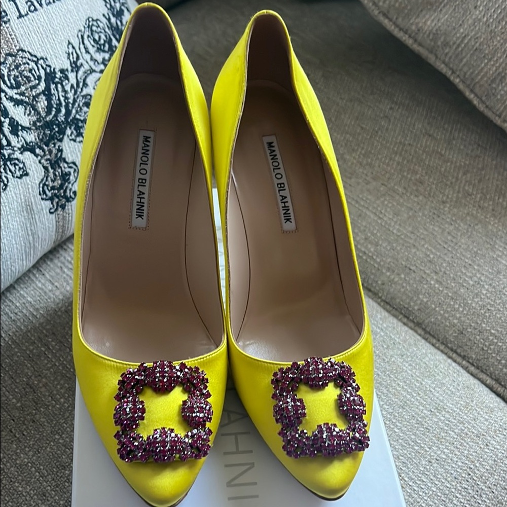 Manolo Blahnik Yellow Heels with Purple Accents